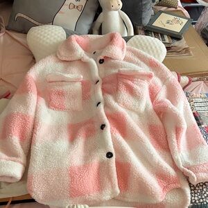 Womens Pink & White Sherpa Check Jacket